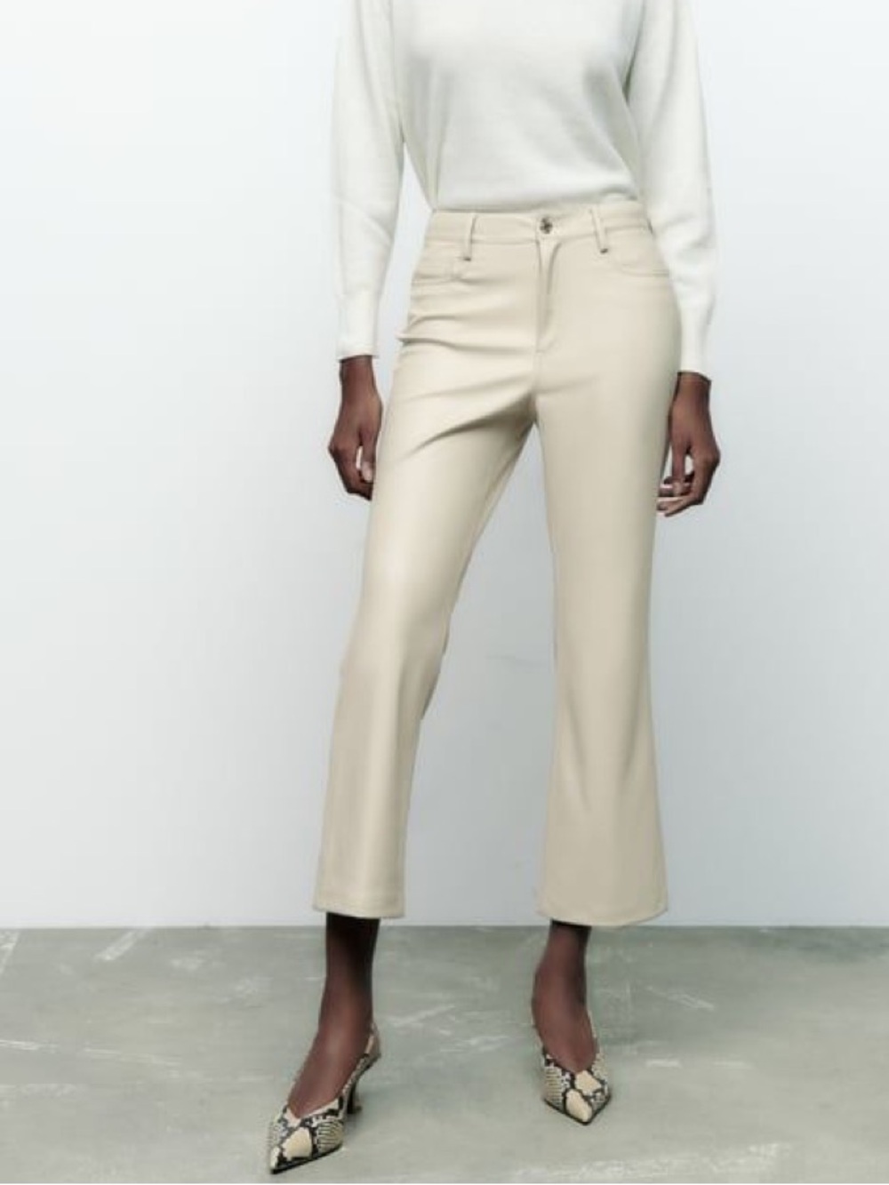 ZARA Ivory Faux Leather Cropped Flare Pants Size 2